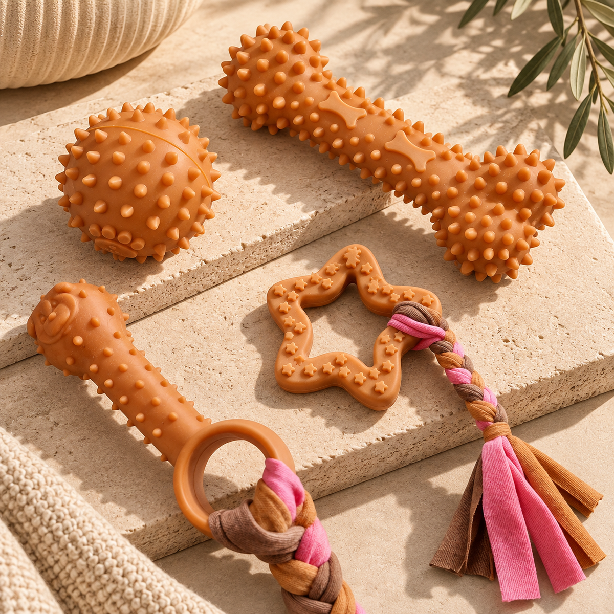 Fun, durable chew toys designed to keep pups entertained, featuring textured surfaces, playful shapes and rope details for extra chewing and tugging fun.