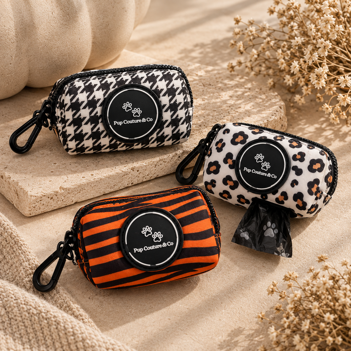 Chic, compact and made for mess-free walks. Our Waste Bag Holders clip easily onto your leash, keeping bags close at hand while perfectly matching your Pup Couture & Co set.
